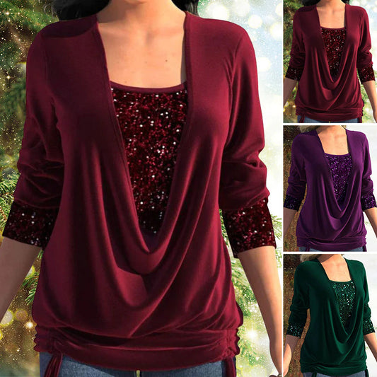 🎁 SISTA DAGSREA-53% RABATT 🎁 Sequin Loose Smocked Fake tvådelad topp