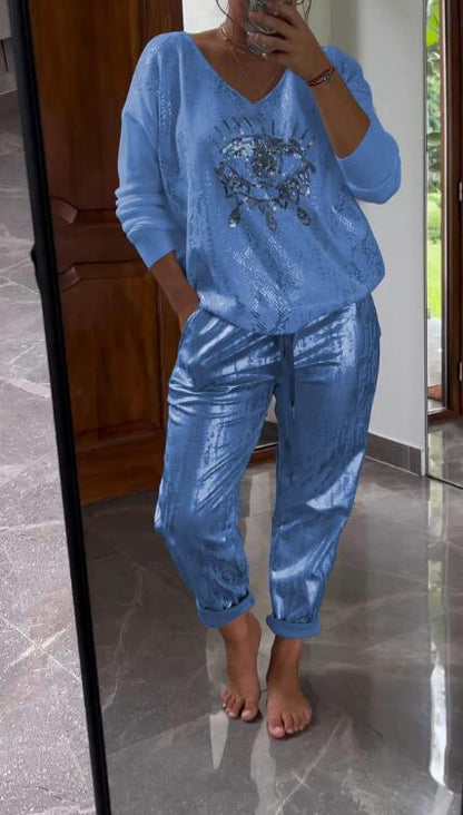 2-delat set för kvinnor: Devil's Eye guldfolie topp och paljettbyxor Set