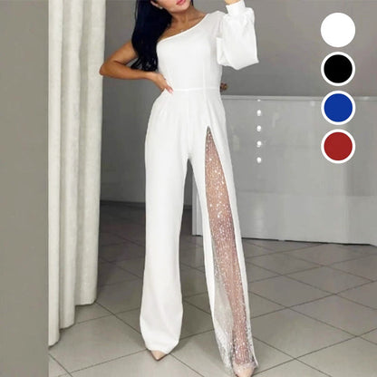 ✨50% OFF👠Glittrande utsvängd jumpsuit med axelband i mesh🖤