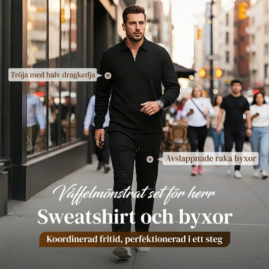 Herrset i Vaffelstickning – Collegetröja & Raka Byxor