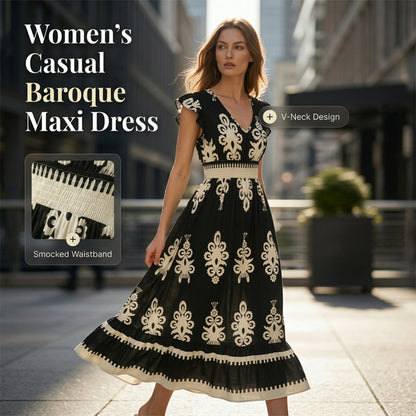 👗 50% RABATT 🌸Maxiklänning med V-ringning och barockmönster för kvinnor