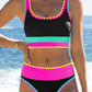 🌼Sportig 3-delad bikini i nylon med färgblock och lapptäcksmönster – baddräkt med hög midja och formande effekt👙🌈