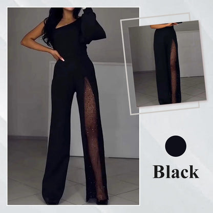 ✨50% OFF👠Glittrande utsvängd jumpsuit med axelband i mesh🖤