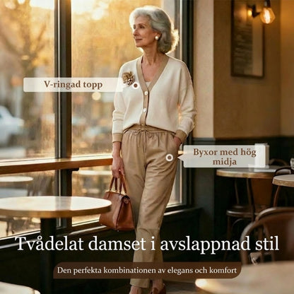Tvådelat damset i avslappnad stil: V-ringad topp & Byxor med hög midja