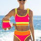 🌼Sportig 3-delad bikini i nylon med färgblock och lapptäcksmönster – baddräkt med hög midja och formande effekt👙🌈