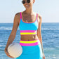 🌼Sportig 3-delad bikini i nylon med färgblock och lapptäcksmönster – baddräkt med hög midja och formande effekt👙🌈