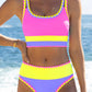🌼Sportig 3-delad bikini i nylon med färgblock och lapptäcksmönster – baddräkt med hög midja och formande effekt👙🌈