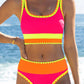 🌼Sportig 3-delad bikini i nylon med färgblock och lapptäcksmönster – baddräkt med hög midja och formande effekt👙🌈