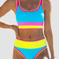 🌼Sportig 3-delad bikini i nylon med färgblock och lapptäcksmönster – baddräkt med hög midja och formande effekt👙🌈