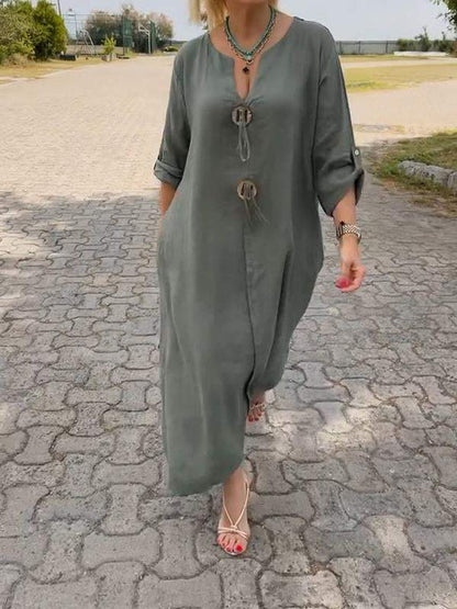 🔥👒Casual V-ringad klänning i bomull och linne👗
