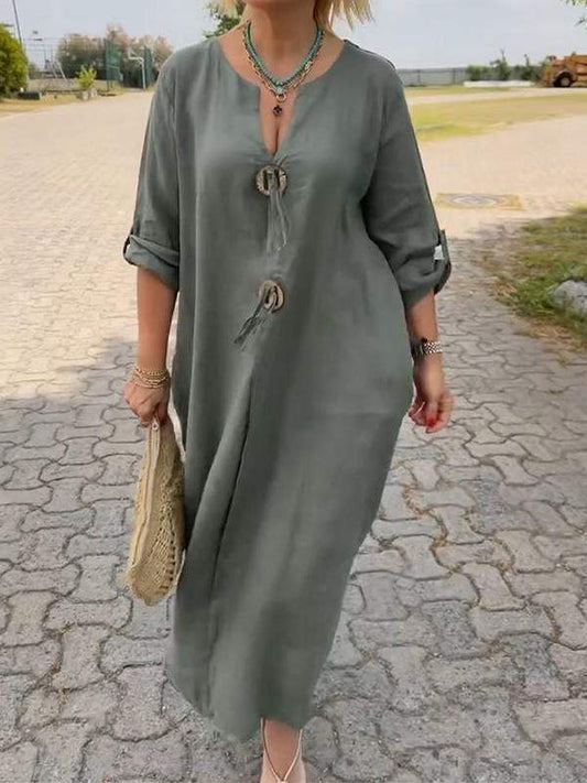 🔥👒Casual V-ringad klänning i bomull och linne👗