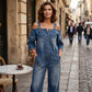 👗👖 Cold-shoulder jumpsuit med vida ben och fickor