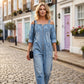 👗👖 Cold-shoulder jumpsuit med vida ben och fickor
