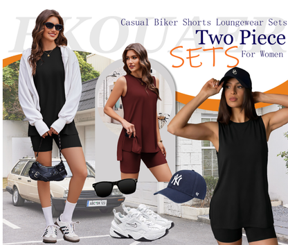 🟣Sommarens heta rea 49 % RABATT🧊Ärmlös topp med rund halsringning 2-delat set för damer Sommarens matchande loungeshorts-set Semesterort Flygplats Resa Outfit Uppslitsad fåll Avslappnade kläder