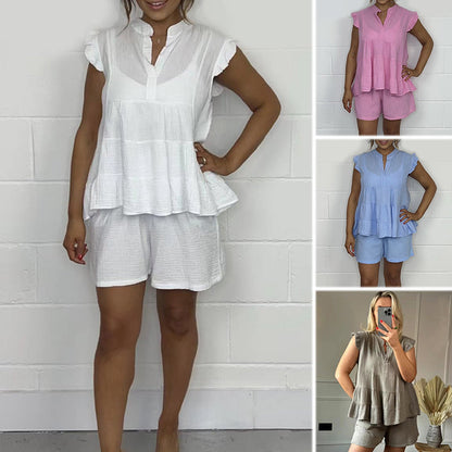 💐💟Tvådelat set med texturerade shorts med mudd och topp med flugärm för kvinnor i bomull och linne