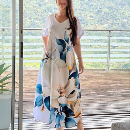 Damernas Lössittande Casual V-ringning Tryckta Kortärmade Klänningar🌸