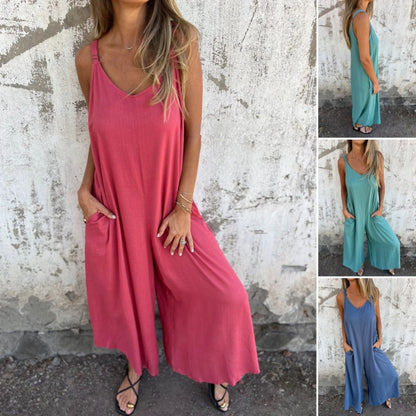 Jumpsuit i bomulls-linneblandning för kvinnor med fickor och justerbara band