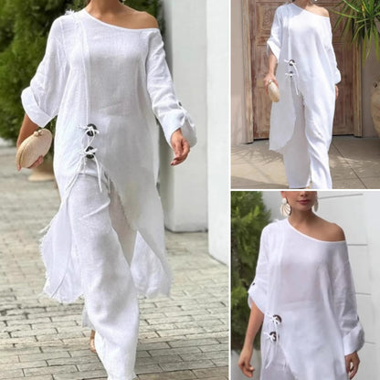 Dammode enfärgad lång topp med sned axel och byxor Tvådelat set