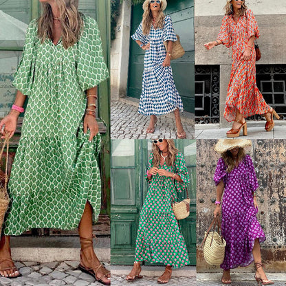 💖SISTA DAGEN FÖRSÄLJNING 63% RABATT💖 Elegant boho maxiklänning för kvinnor med puffärmar👗