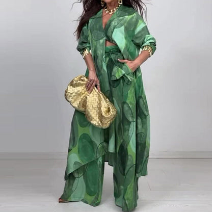 ⏳ Tidsbegränsad Special⏰Fashion Print Långärmad Skjorta & Byxor med vida ben 2-delat set