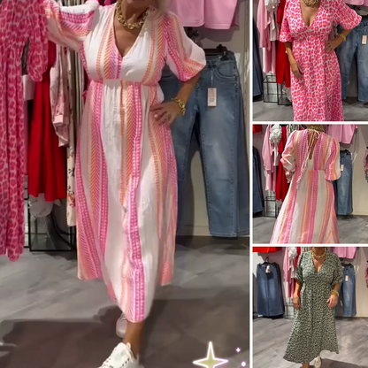 🔥Säsongsförsäljning - 49% rabatt✨🔥V-ringad klänning med tryck för kvinnor