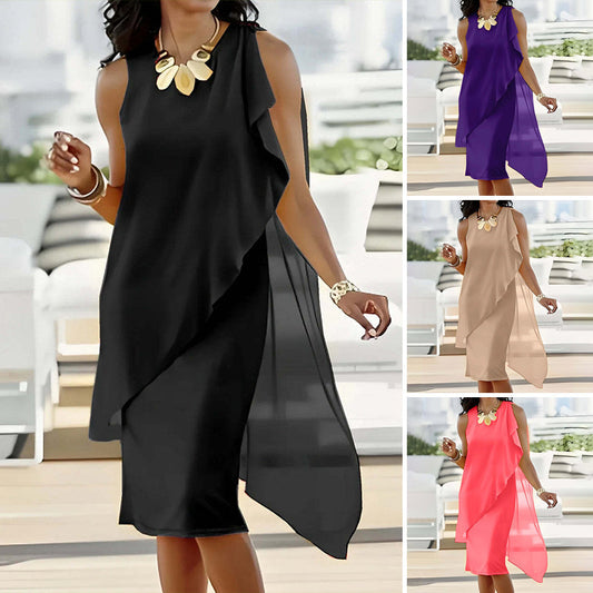 ⏳ Tidsbegränsad Special⏰Kvinnor Sommar Elegant Rund Hals Asymmetrisk Mesh Ärmlös Klänning👗