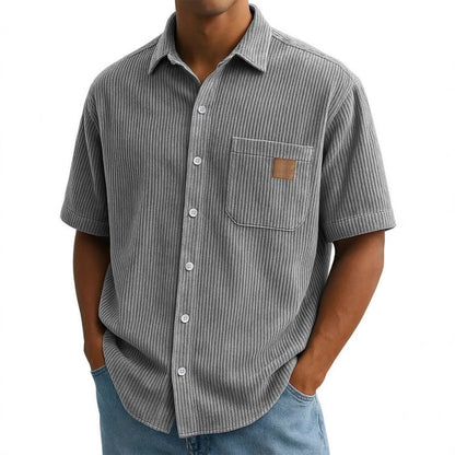 Vintage kortärmade skjortor med knäppning och uppslag för män