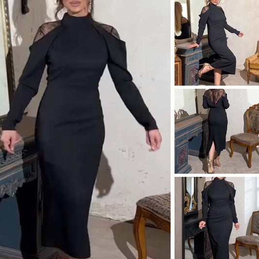 Elegant midiklänning för damer med ståkrage och spetsdetaljer på ryggen