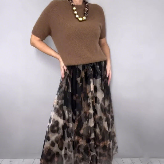 💥Tvådelat set för kvinnor med tröja och fladdrande leopardmönstrad kjol
