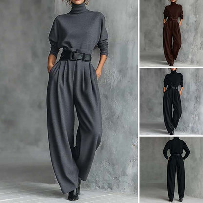 Eleganta set för kvinnor: Topp med hög krage & byxor med hög midja