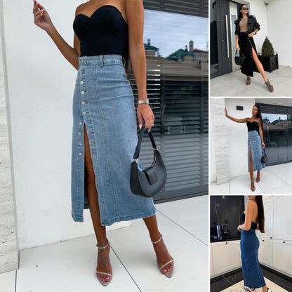 👖✨50% RABATT🔥Snygg knäppning med knappar och slitsad denimkjol