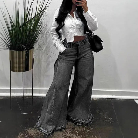 📢📢60 % rabatt!! ⏰Oversized jeans med hög midja och vida ben för dam