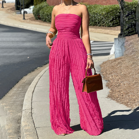 Strapeless skrynklig jumpsuit med vida ben