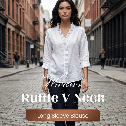 🎁Nyhet 50 % RABATT🔥Damblus med volanger, V-ringning och långa ärma