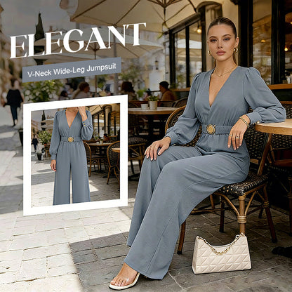 Elegant jumpsuit med V-ringning, vida ben och bälte