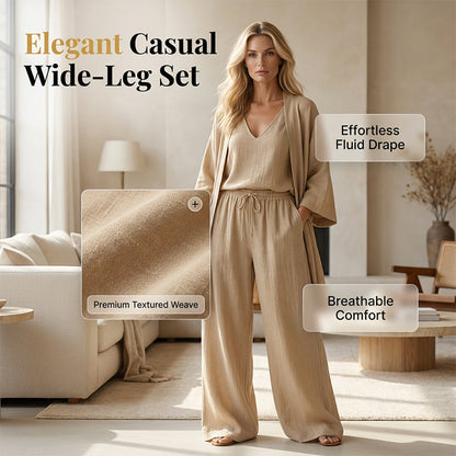 🔥Factory Direct Sales🔥 Elegant Tredelat Set för Dam - Kofta, Topp & Byxor med Vida Ben