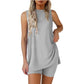 🟣Sommarens heta rea 49 % RABATT🧊Ärmlös topp med rund halsringning 2-delat set för damer Sommarens matchande loungeshorts-set Semesterort Flygplats Resa Outfit Uppslitsad fåll Avslappnade kläder
