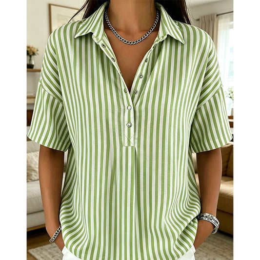 👚 50% RABATT NU!🌿 Dam Casual Randig Kortärmad Skjorta – Lös Passform & V-Ringning – Sommar Essential 🛍️
