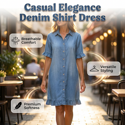 👗🌸 Avslappnad denimskjortklänning med volangärmar och knappfront