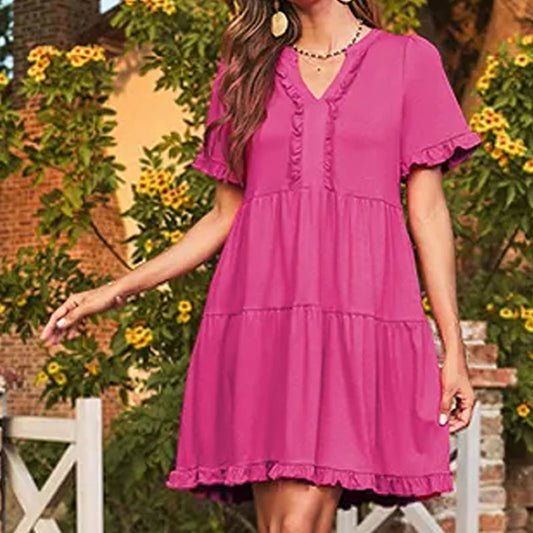 👗 50% RABATT NU!✨ Dam Klänning med V-ringning & Volanger – Smickrande A-linje & Luftig – Sommar Essential 🌸