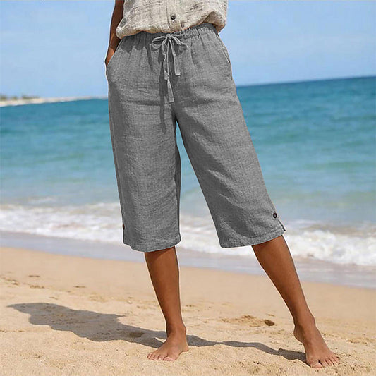 👖🌸 Avslappnade capribyxor med elastisk dragsko och fickor