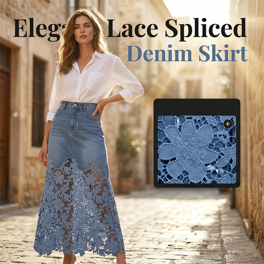 🔥 50% RABATT på utvalda produkter👗✨ Elegant spets-spliced denim maxikjol med fickor