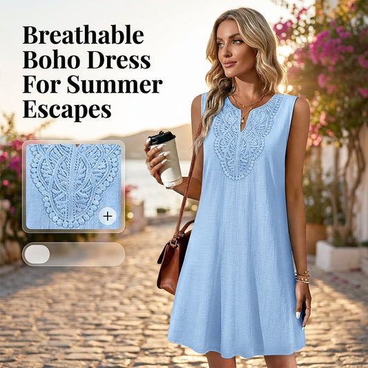 👗 55% RABATT NU! 🌿 Dam Andningsbar Sommar Casual Klänning – Broderad V-ringning & Skrynkelfri Bomullslinne ✨