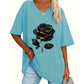 🌹 Avslappnad V-ringad rosprint T-shirt för plus size