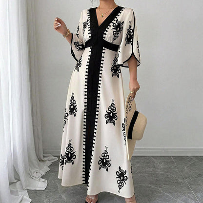👗Elegant maxiklänning med V-ringning och mönster för damer