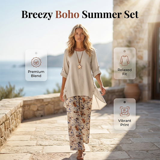 👚 50% RABATT NU! 🌿Damset med topp och byxor i bomull och linne, halvärmad – Andningsbart och lätt – Perfekt för sommaren, kontoret eller vardagliga dagar – avslappnad passform med naturlig textur 🌸✨