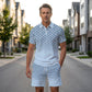 🔥🎁Nyhet 50 % RABATT🔥💙Herr Geometriskt Mönstrad Pikétröja & Shorts Set😎