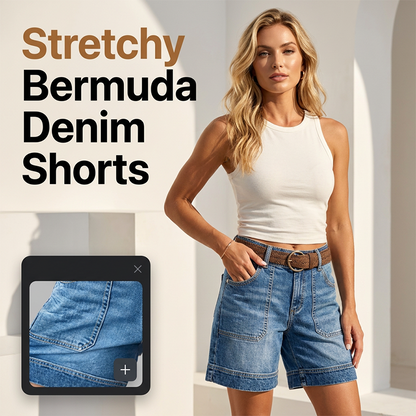 👖Bermudashorts i denim för damer, med medelhög midja och fickor