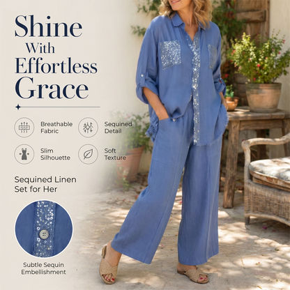 Set med paljettskjorta och byxor med vida ben för damer