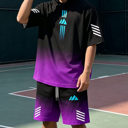 👕🌊 Tvådelat Set med Sommar-T-shirt & Shorts för Män – Gradientmönster & Andande Tyg – Perfekt för Streetwear, Sport & Vardag ☀️